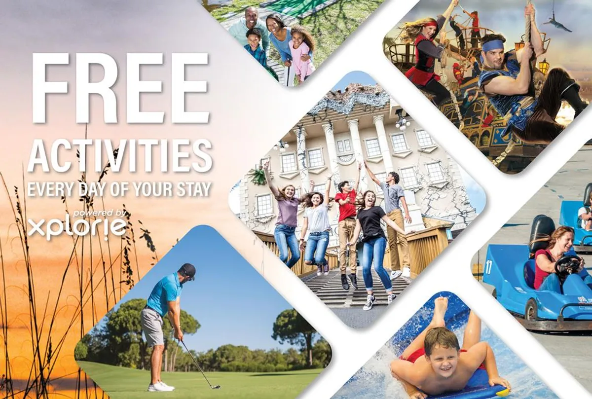 The image captures families enjoying a variety of activities including swimming in a pool, golfing, and participating in themed entertainment and adventure activities within a vibrant, resort-style setting. It exudes energy and highlights the resort’s focus on fun-filled, memorable experiences for guests of all ages.